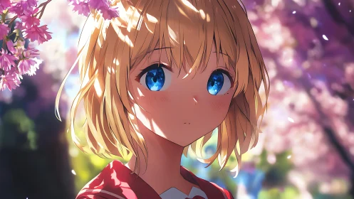 Blonde anime girl under cherry blossoms in spring bokeh light