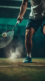 Tennis player striking ball on clay court in low angle shot.