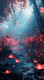 Crimson river drifts through bioluminescent twilight forest