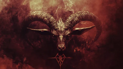 Ram skull with curved horns emerges from dense red smoke