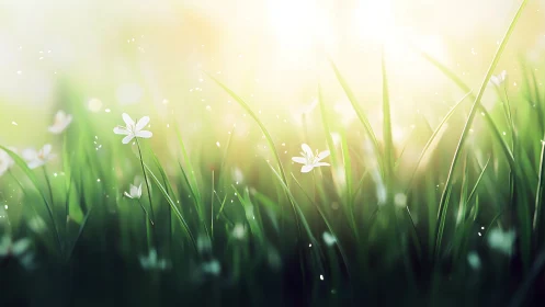 Soft sunrise light washes dewy grass and small white flowers