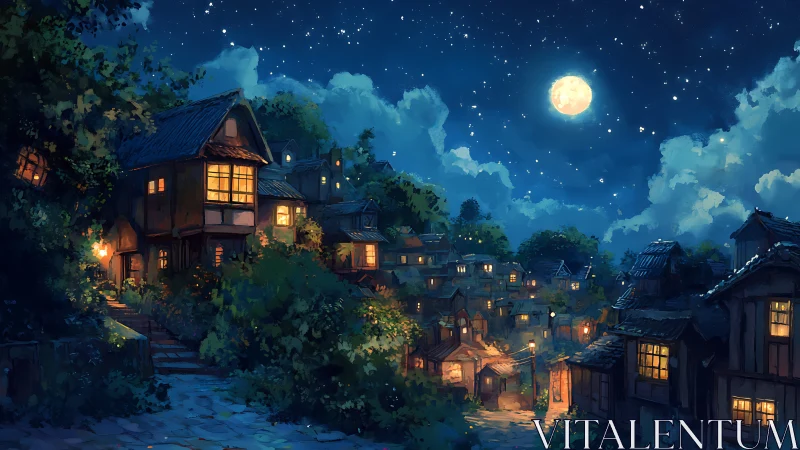 Moonlit hillside village with glowing lantern windows at night.