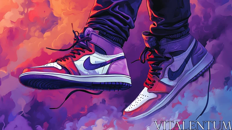 Sneakers drift like neon comets through a painted twilight sky