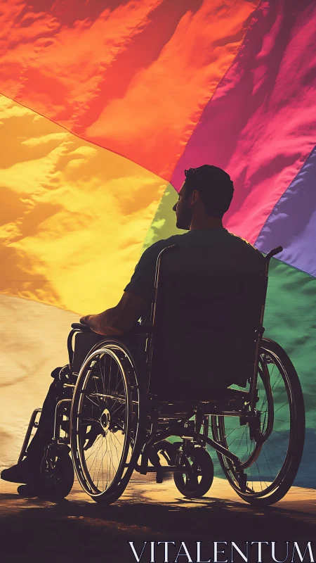 Warm pride flag backdrop embraces man in wheelchair.