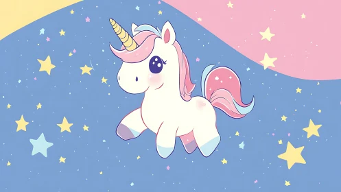 Playful pastel unicorn prancing through a dreamy starry sky.