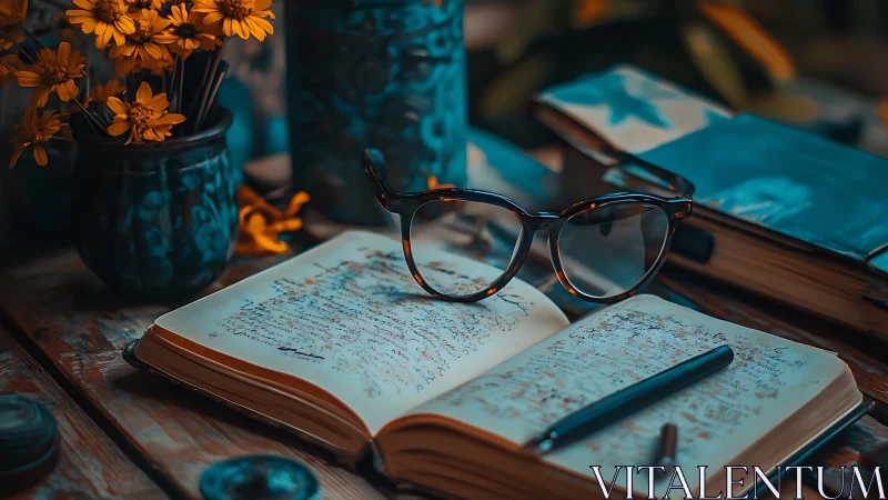 Vintage journal and glasses rest in warm lamplight stillness.