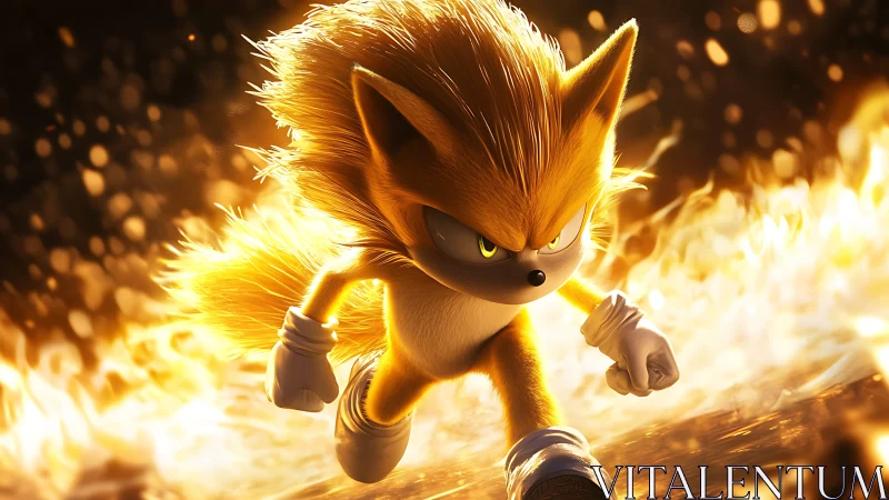 Charged golden fox runner in dynamic fiery environment