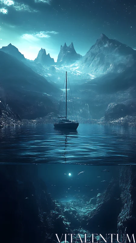 Midnight sailboat above luminous abyssal seascape divide.