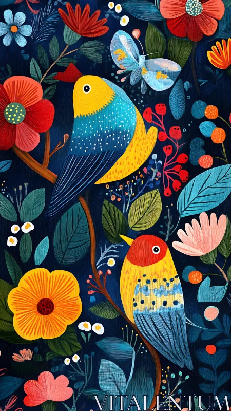 Colorful songbirds rest among blooming forest flowers