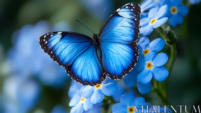 Blue morpho butterfly on forget-me-nots in soft bokeh field.
