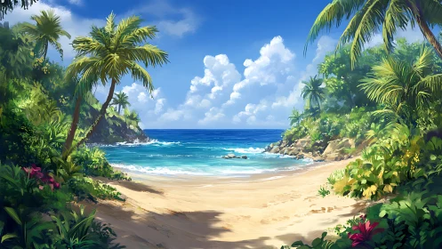 Tropical Beach Cove with Lush Palms and Turquoise Lagoon.