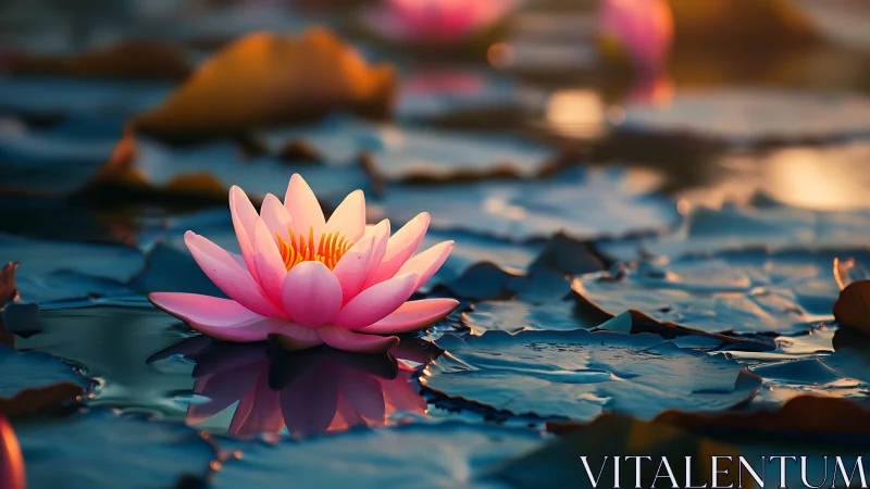 Pink water lily on reflective pond at warm sunset.