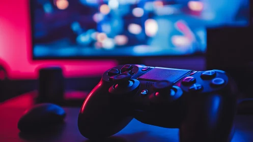 Game controller glows under neon blue and magenta light.