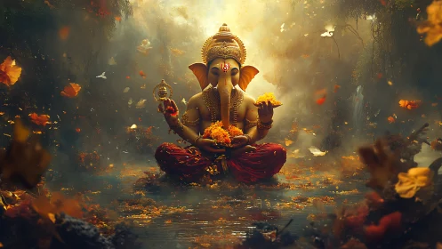 Golden Ganesha idol in misty forest with floating petals.
