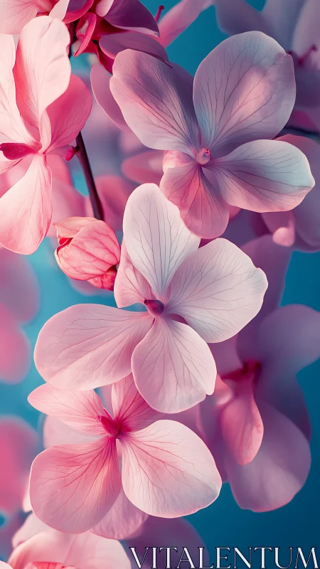 Pink and Purple Flowers Against Teal Background.