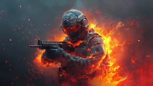 Flame-forged soldier strides through embers of cinematic warfare.