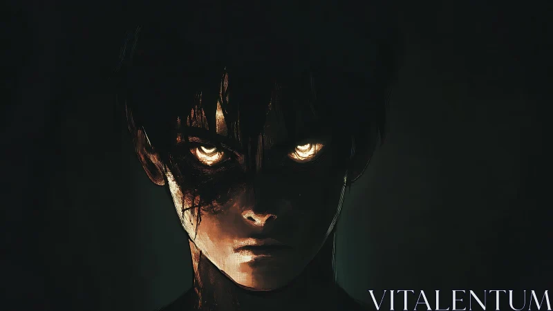 Brooding anime boy with glowing eyes in shadowed void.