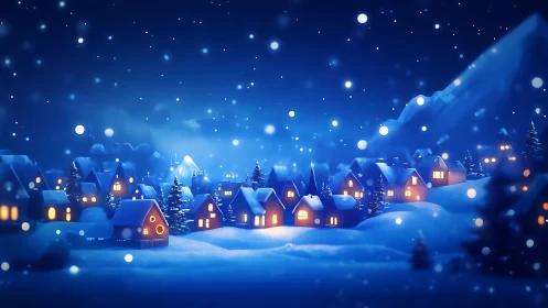 Noctilucent alpine hamlet under volumetric snowfall glow.