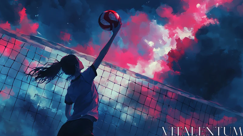 Girl spikes volleyball against neon painted twilight sky
