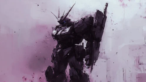 Stoic purple mech standing tall in a dreamy painted haze.