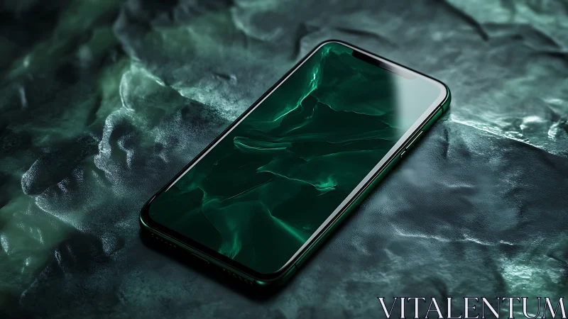 Emerald glass smartphone adrift on luminous digital tide.