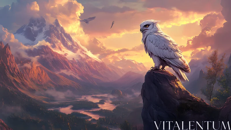 Majestic White Owl on Mountain Cliff at Sunset, Fantasy Art Style.