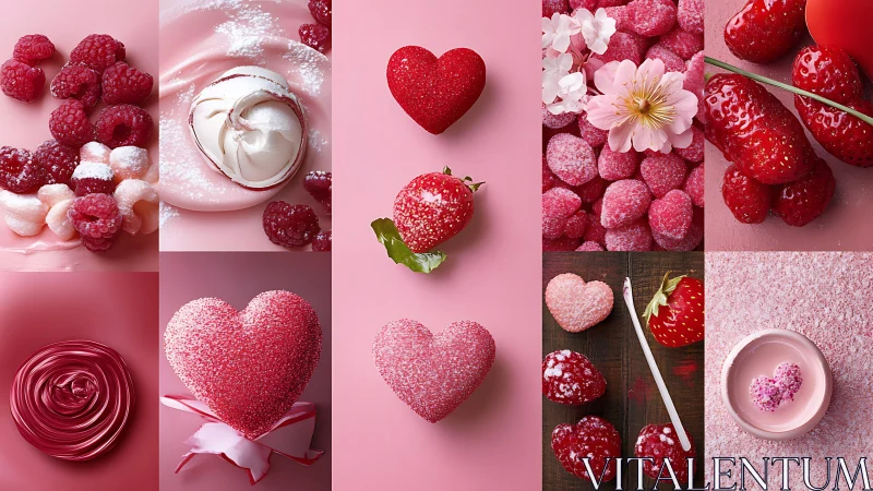 Pink and red heart shaped sweets with berries arrangement.