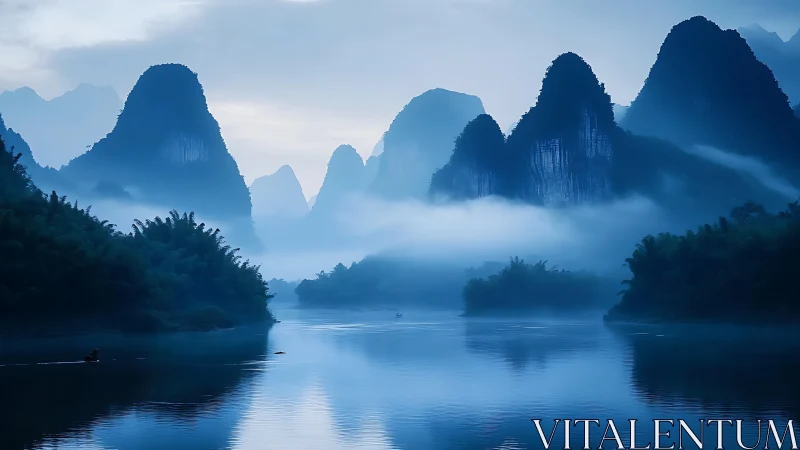 Misty karst mountains over calm blue river at dawn.