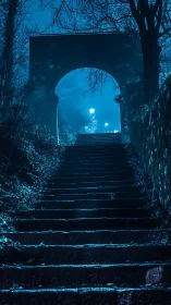 Moonlit stone stairway vanishing into electric blue fog.
