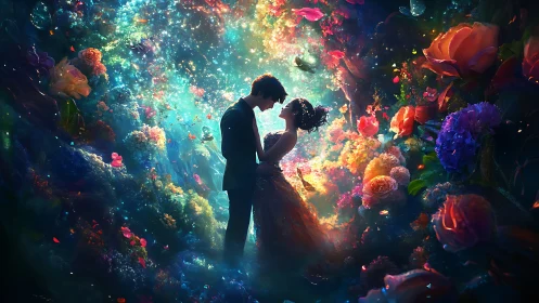 Two Hearts Glowing Among Rainbow Flowers