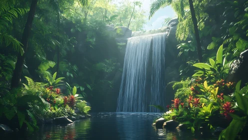 Sunlit rainforest waterfall rendered in high-detail 3D environment