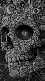Intricate monochrome skull formed from swirling fractals.