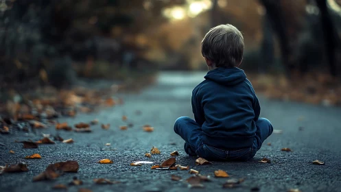 Lonely child on autumn road with fallen leaves at dusk.