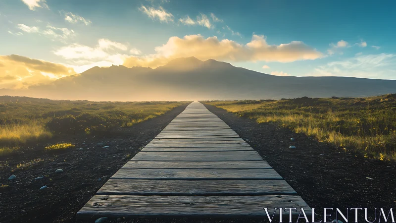 Straight wooden boardwalk leading to distant mountains.