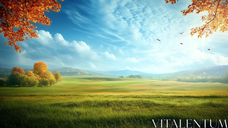 Wide rural landscape with grassy field and distant hills.