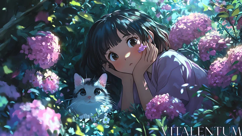 Girl rests among hydrangeas beside cat in dappled light