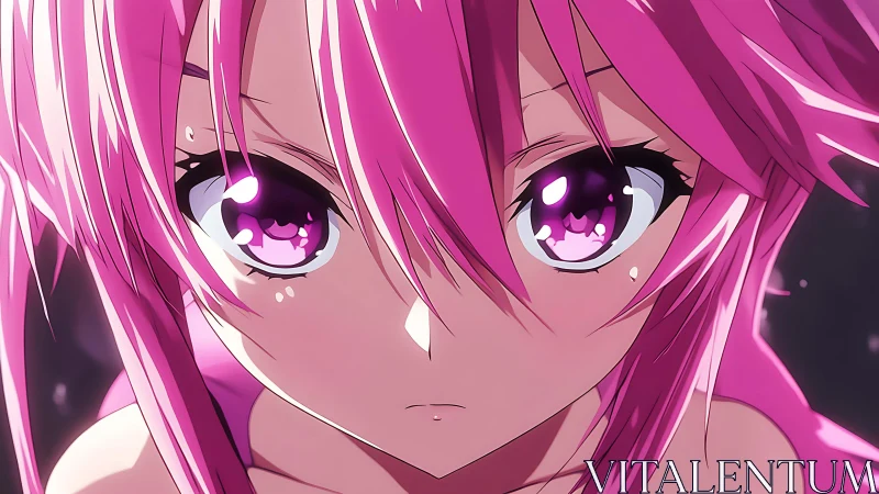 Intense close-up of pink haired anime girl in neon light.