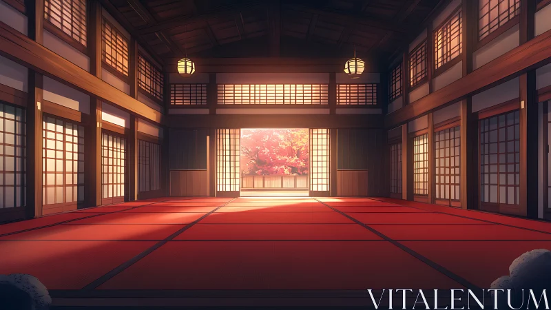 Sunlit tatami hall opens onto serene autumn garden view.