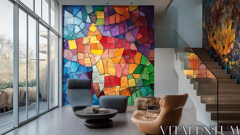 Modern living room with vibrant stained glass mosaic wall art.
