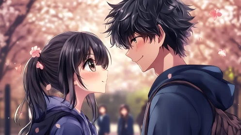 Springtime anime couple under luminous cherry blossoms.
