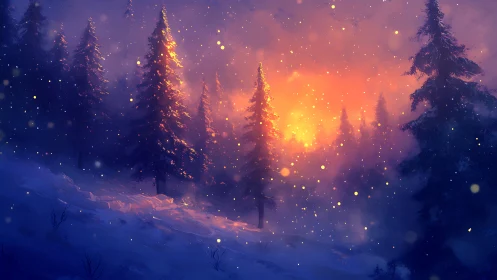 Winter forest glows under vivid sunset snowfall.