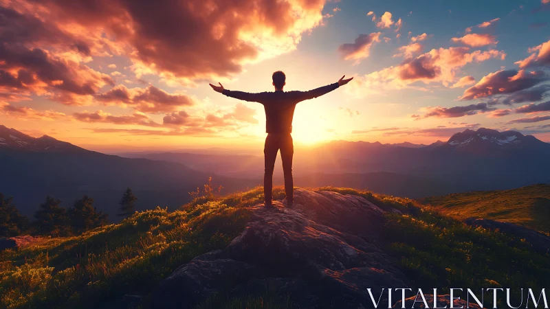 Man on mountain summit at sunrise with vibrant sky, inspirational style.