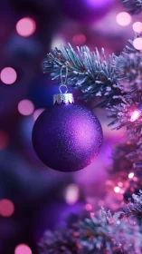 Chromatic bokeh study of violet ornament on frosted fir.