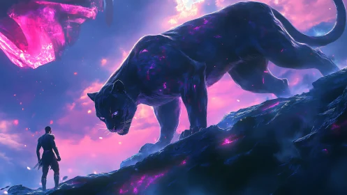 Spectral Feline Guardian: Neon-Infused Beast Against Hyperspace Backdrop.