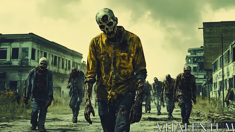 Rotting zombies advance through ruined city street at dusk