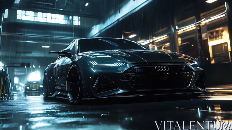 Low-angle view of dark Audi sedan in wet urban garage.