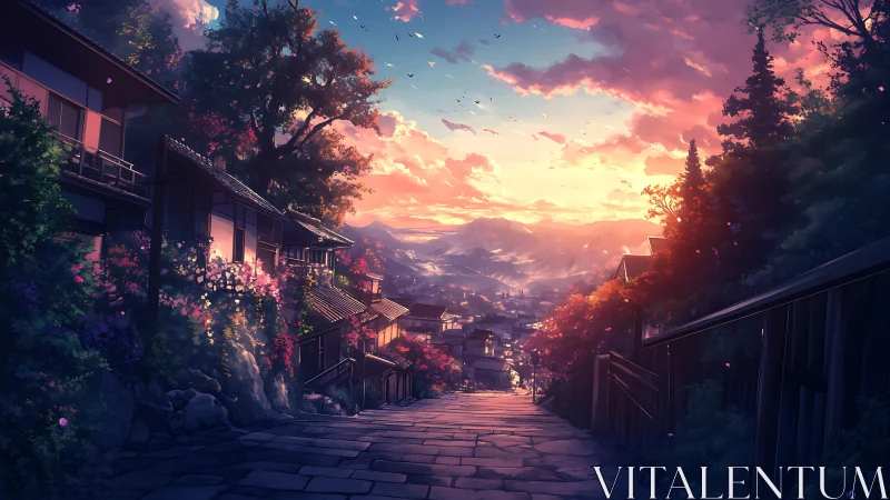 Sunset hillside village street with glowing pastel sky.