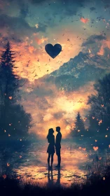 Two figures standing beneath illuminated heart silhouette against mountainous landscape.
