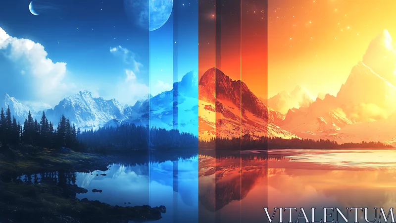 Digital painting diptych of alpine lake across chromatic divide.