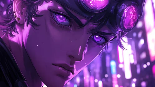 Neon‑lit gaze of cyberpunk girl with glowing violet optics.